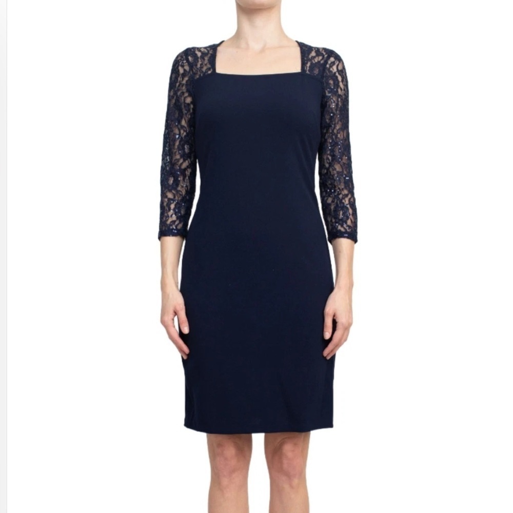SL Fashion Elegant Navy Lace Sleeve Dress - Picture 3 of 5